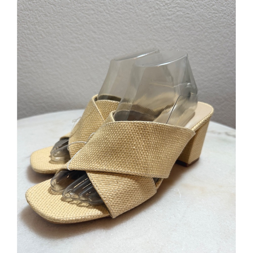 Seychelles Raffia Block Heel Mules Natural Woven‎ Square Toe Slides Size 10